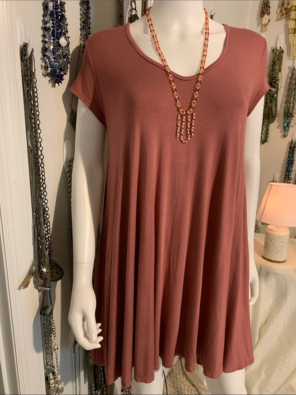 Rolla Coster Dusty Rose Scoop Neck Flowy Tunic with necklace